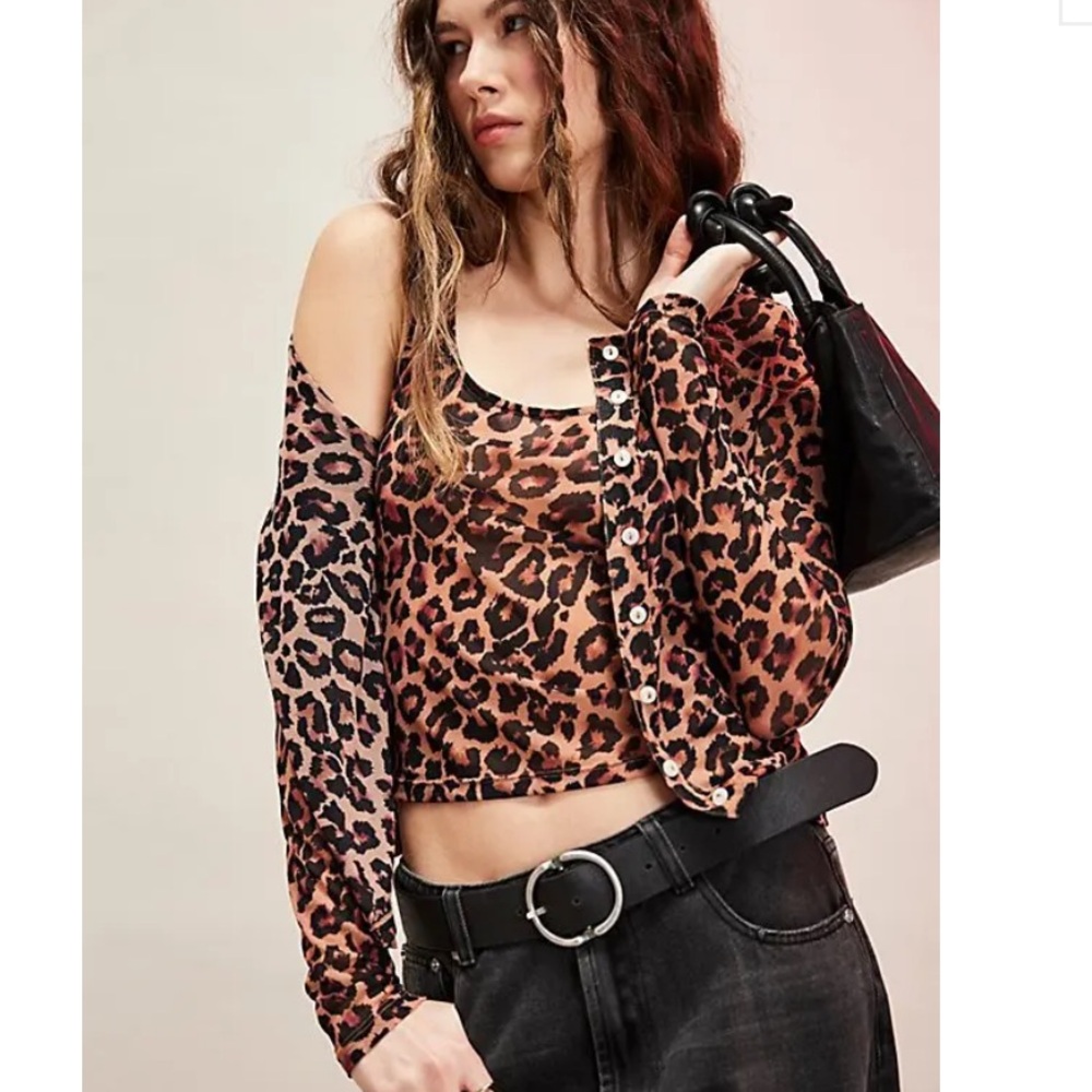NWOT Free People Leopard Print Mesh Tank and Cardigan “Twosie For One Set”